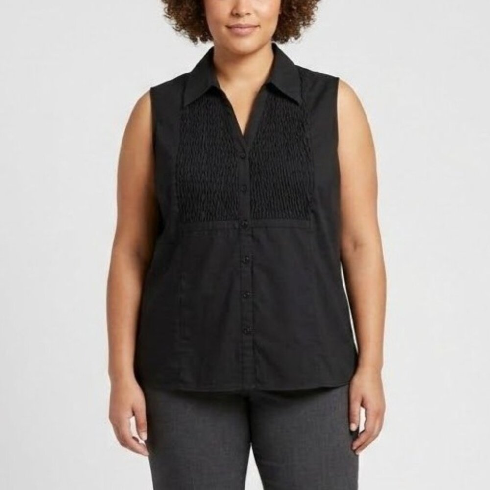 Vintage Allison Taylor Size XL Black Sleeveless Smocked Bib Button Front Shirt